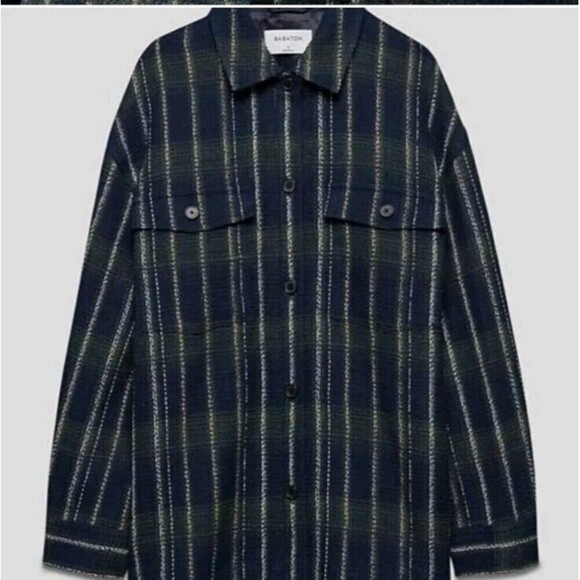 Aritzia BABATON Joan Oversized Shirt Jacket Navy Green Tweed Plaid Shacket Sz 1 - Picture 3 of 13